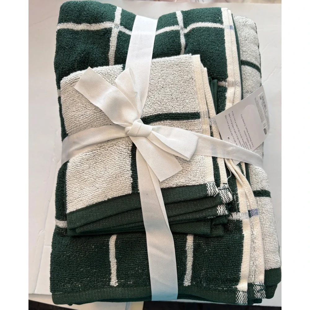 Room Essentials 6 Piece Bath Towel Set Green White Windowpane Plaid 100% Cotton